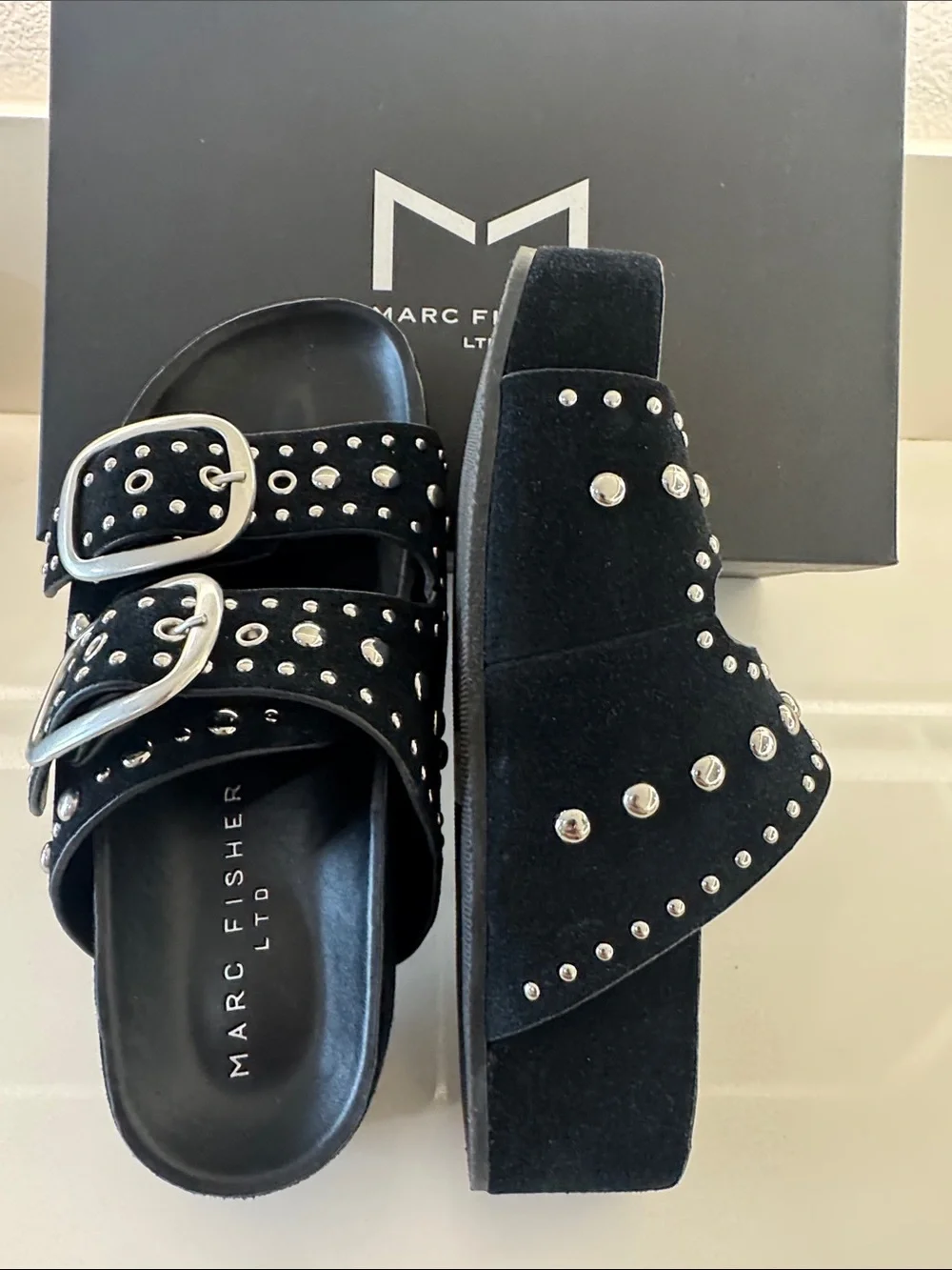 Marc Fisher Black Studded Double-Buckle Slide Sandals
